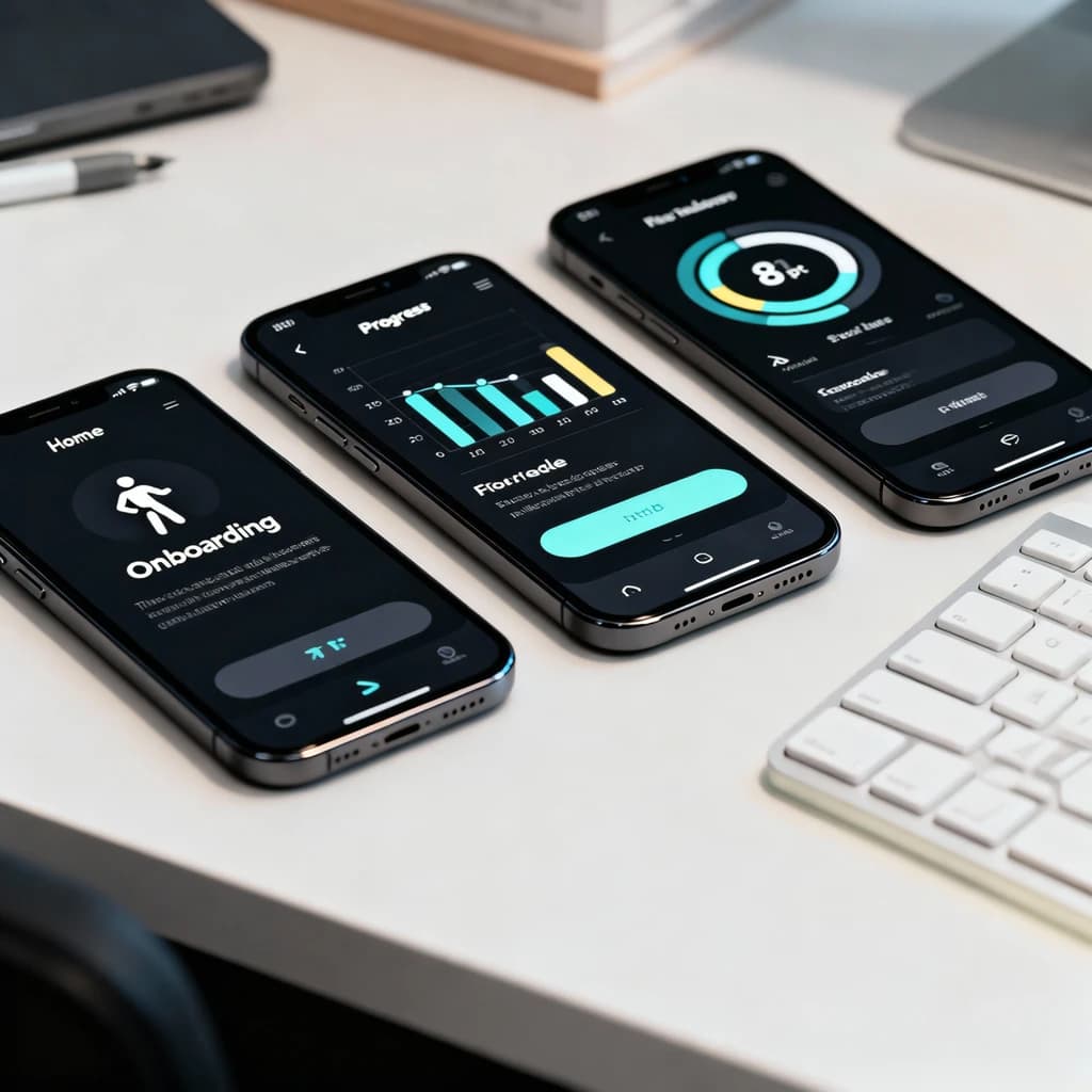 Sleek mobile fitness app screens on a desk: dark mode home, progress dashboard, simple onboarding, clear 8 pt grid, slightly oversized buttons for thumb reach, muted colors.