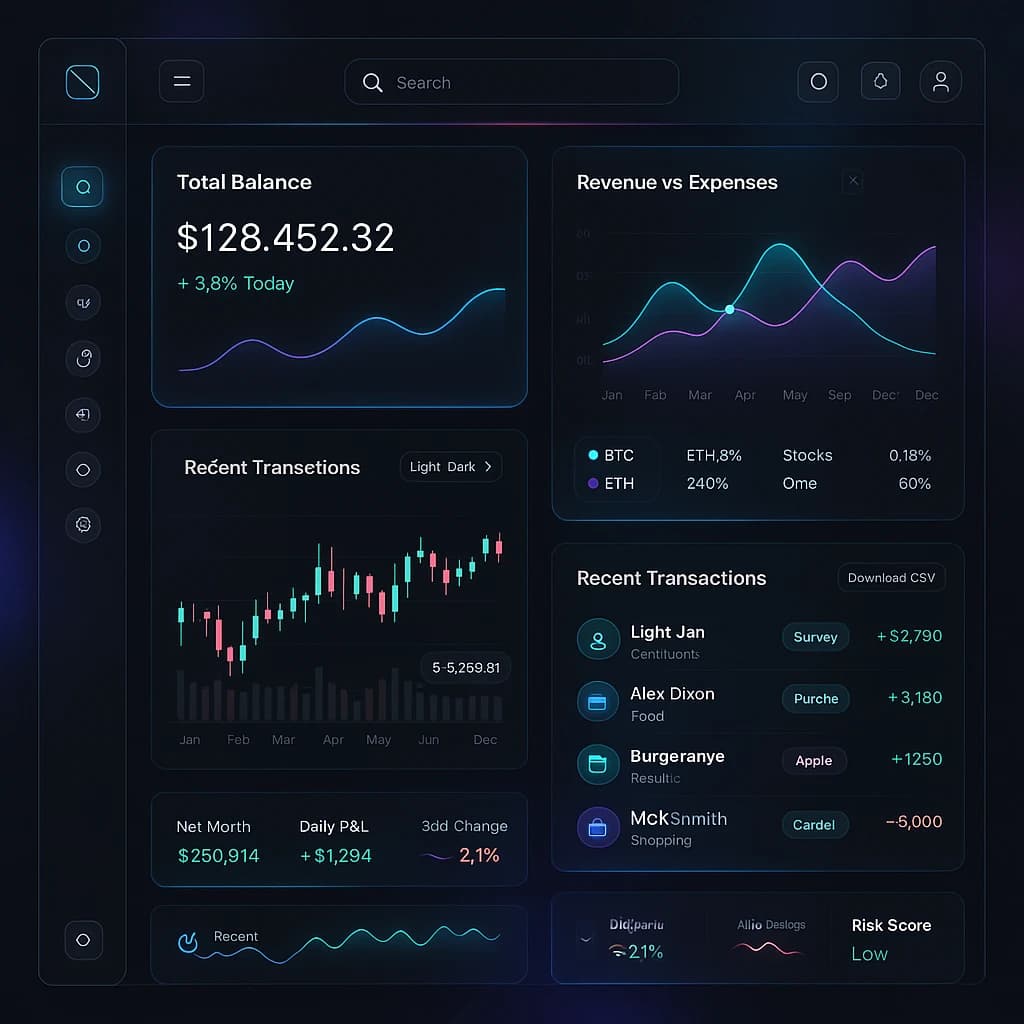 Make a dark mode finance dashboard with charts, glassmorphism, soft neon glow.