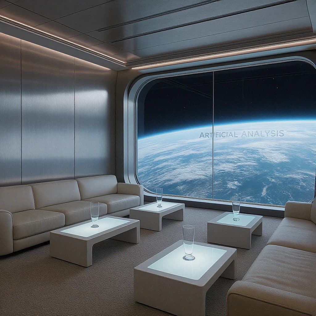 The orbital lounge has brushed aluminum walls and pale leather banquettes. Low white tables are inset with glowing touchscreens. Drinks are clear, flavorless, in tall unmarked glasses. The viewport is floor-to-ceiling, showing Earth moving slowly beneath. The word Artificial Analysis is etched discreetly on the glass in a frosted band.