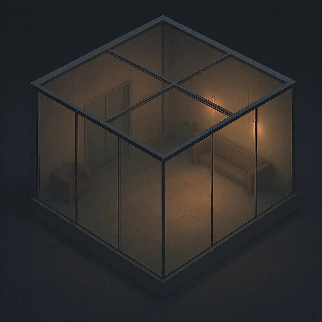 Isometric 3D lobby, glass walls, warm lights, slightly moody, soft shadows.