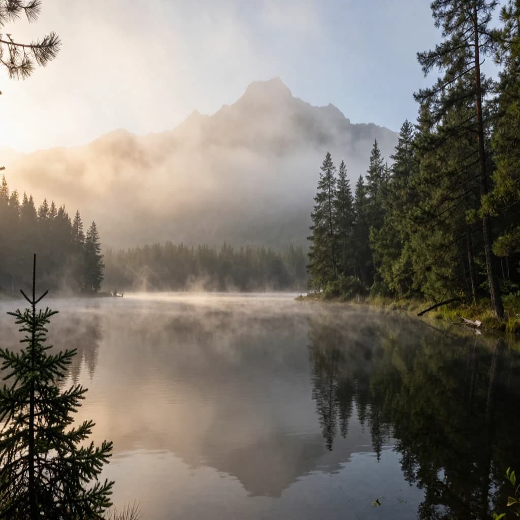 I want a photo of a misty alpine lake at dawn, pines, glassy water, warm light.
