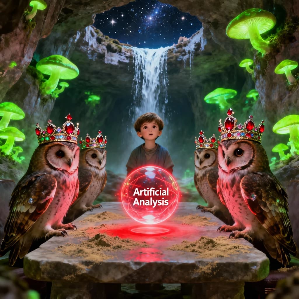 In a cavern lined with bioluminescent fungi glowing lime green, the council of owls wear jeweled crowns that glimmer with rubies, their wings folded behind their backs. Dust coats the stone table, a glowing orb inscribed with “Artificial Analysis” hovers above the table illuminating the owls with its red pulsating light. Behind them, a waterfall falls upward into a ceiling that opens onto stars - a child looks down in wonder from above at what he has stumbled across.