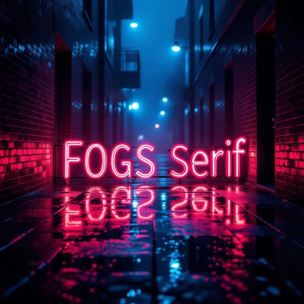 Neon serif letters flicker in a foggy alley, wet asphalt glowing a bit.