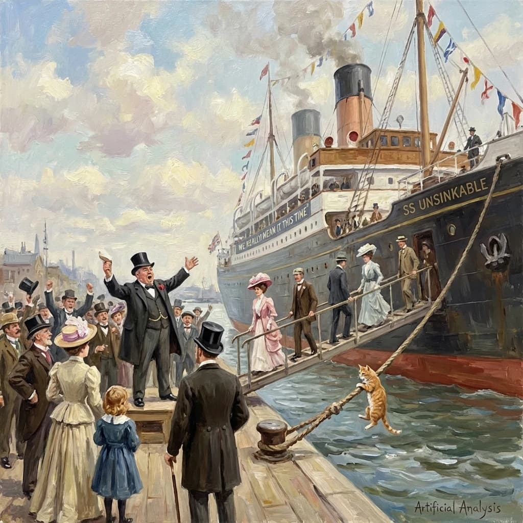 An impressionistic painting of the mighty steamer the "SS Unsinkable We Really Mean It This Time" on a cloudy but bright London morning about to set out on her maiden voyage. A jubilant crowd is gathered on the dock around the paunchy mayor who is making a speech, gesticulating wildly with his hands. The gangways are busy with well heeled ladies and gentlemen making their way onto the ship. A cheeky cat hangs over the water, clinging to the mooring rope after an ill-fated attempt to climb up. The artist has signed his name "Artificial Analysis" in the bottom corner