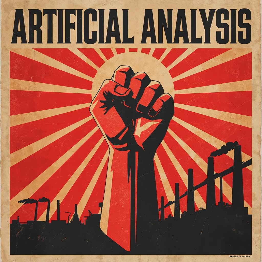 A propaganda poster in stark red, black, and beige. A clenched fist rises in the foreground, rendered with sharp geometric blocks. Behind it, radiating lines stretch upward toward a stylized sun. At the top, bold sans-serif lettering in Cyrillic-inspired type spells out Artificial Analysis, tilted at an angle for emphasis. A factory skyline silhouettes the bottom edge, smoke stacks rising into the background. The texture is rough, printed on aged paper with visible creases and ink bleed. Designed in the constructivist Soviet poster style.