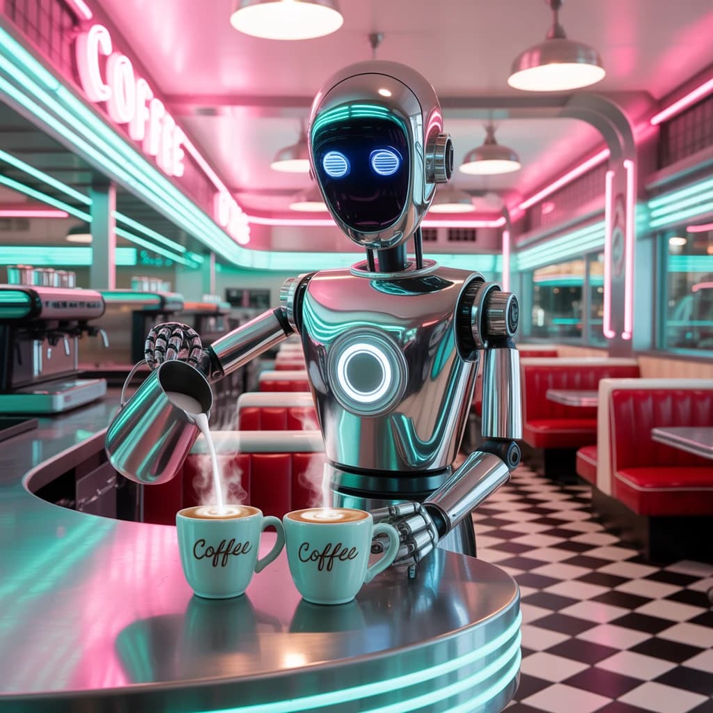 A smiling robot barista serves glowing lattes in a neon diner with bold lines.