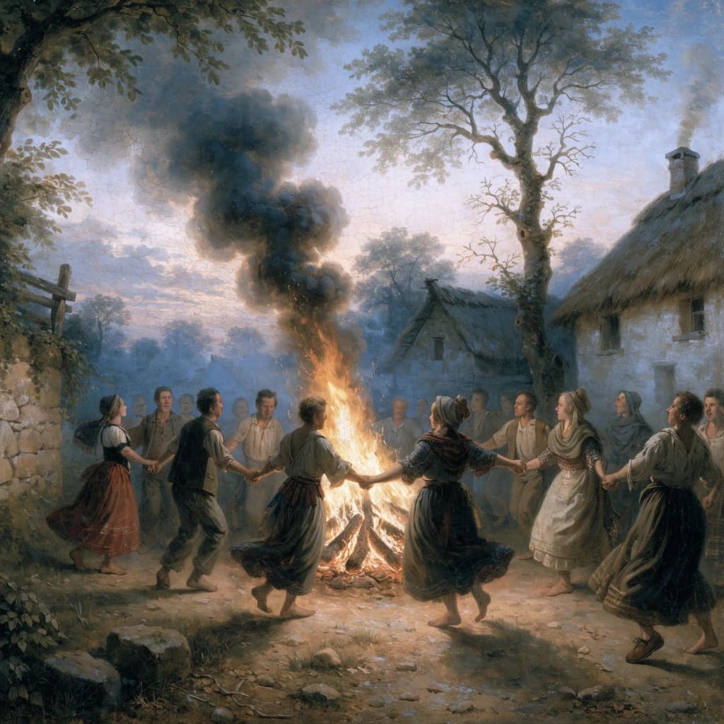 Make an oil painting of villagers dancing by a bonfire at dusk, a bit smoky.