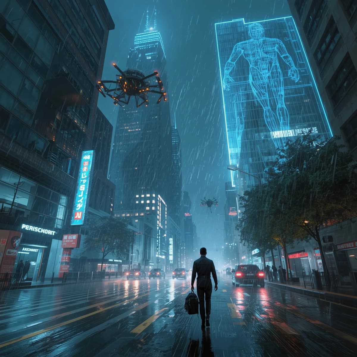 Rain-soaked neon megacity at night, flying taxis weave between glass towers, giant holograms flicker; a lone courier in a matte exosuit, somewhat cinematic wide angle.