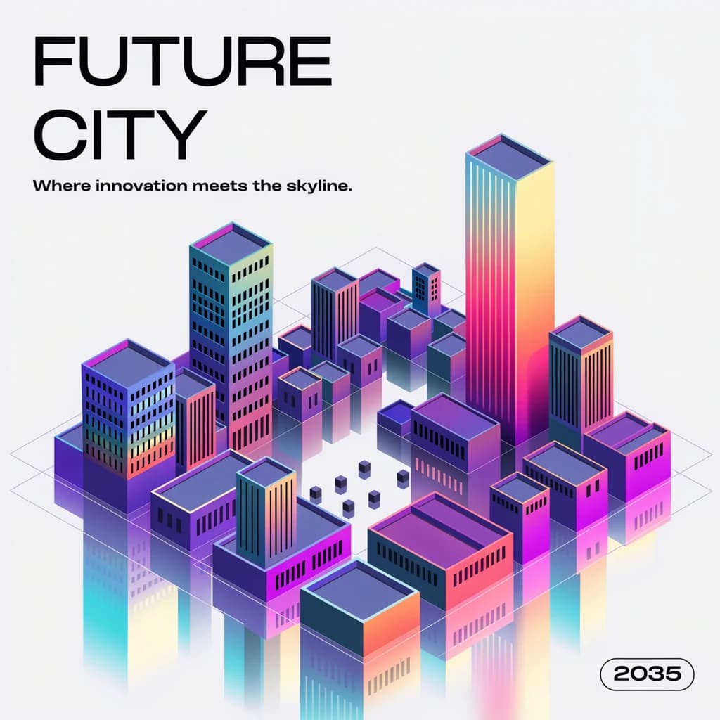 Render an isometric city poster with geometric buildings, neon gradients, gloss highlights, soft AO shadows, clean sans-serif lettering, grid layout, reflections a bit overexposed.