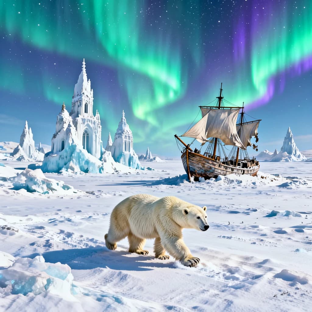 An endless tundra stretches outward, littered with jagged icebergs shaped like cathedral spires. A polar bear trudges across the foreground but leaves no tracks. Auroras ripple overhead. A half-buried shipwreck juts from the snow — sails billowing despite the still air.
