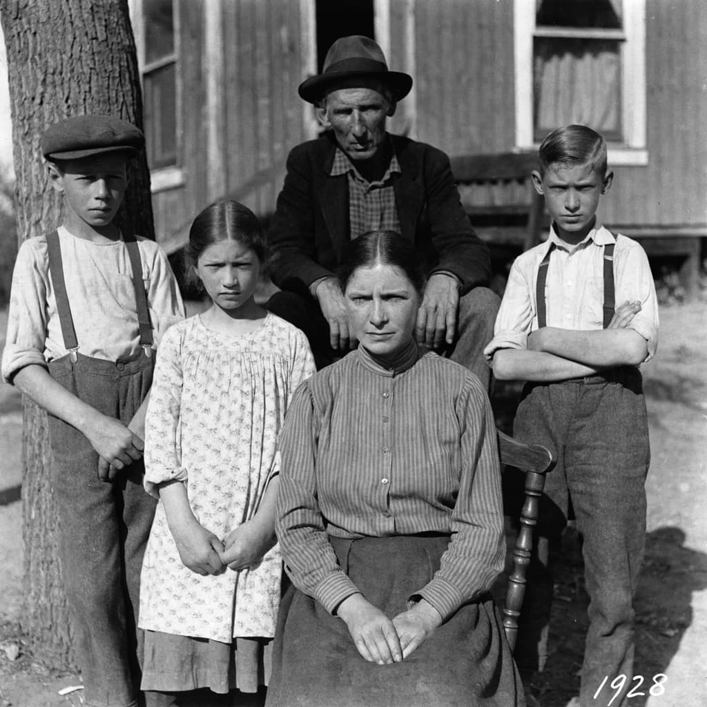 Everybody holds still and nobody smiles for the family portrait. It's 1928 in Kansas