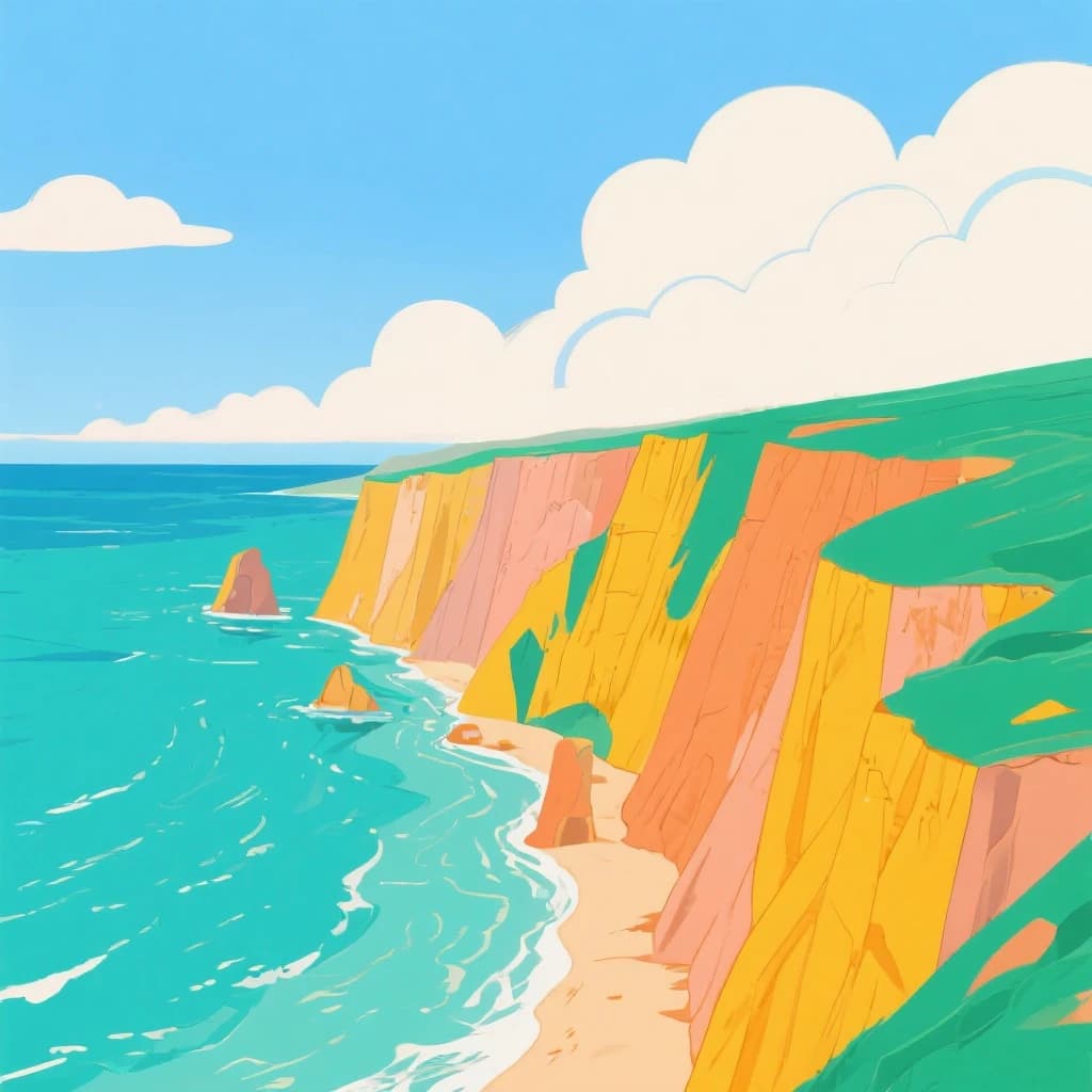 Bright cliffs over teal sea, fat clouds, bold outlines and flat shading.