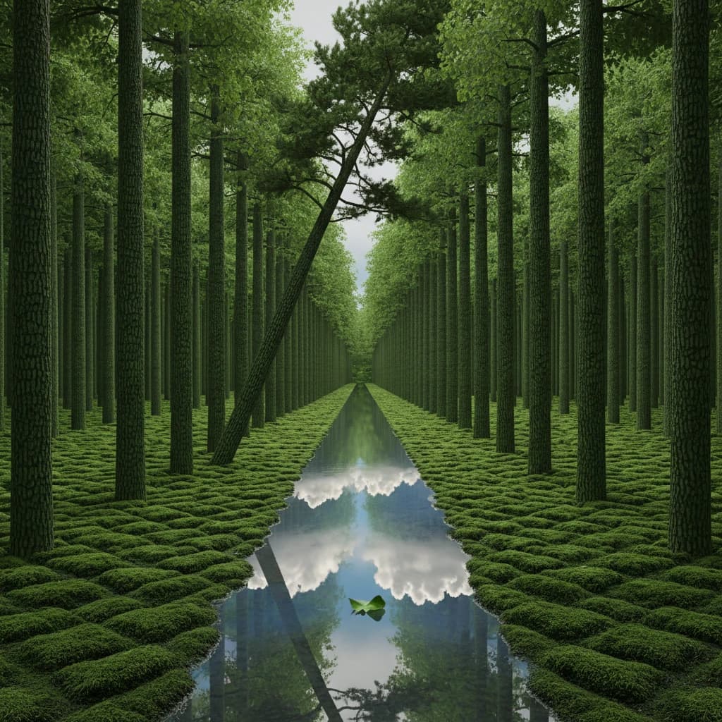 The forest is saturated green, trees identical in height and width, trunks straight, bark texture repeating. One trunk leans diagonally yet the branches remain vertical. The moss is emerald, glistening, though each patch forms identical diamond shapes. A stream runs straight, perfectly linear, water clear, reflecting clouds not visible in the sky. No animals, no insects, but one leaf floats on the water, doubled, showing two overlapping shadows.
