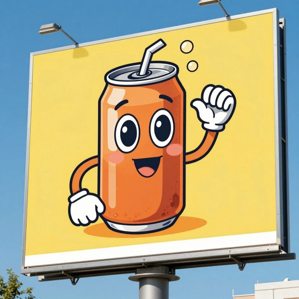 Design a bright soda billboard ad with a bubbly can mascot, thick inky lines.