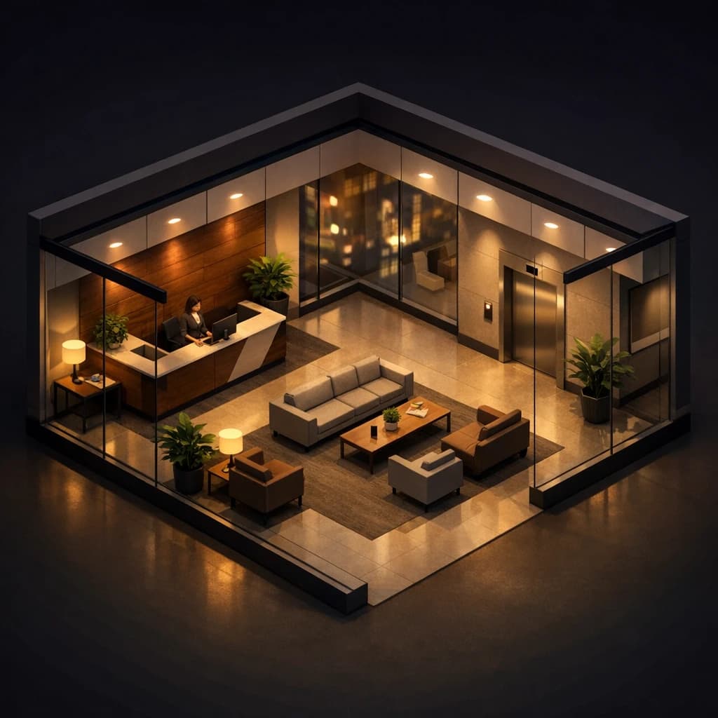 Isometric 3D lobby, glass walls, warm lights, slightly moody, soft shadows.