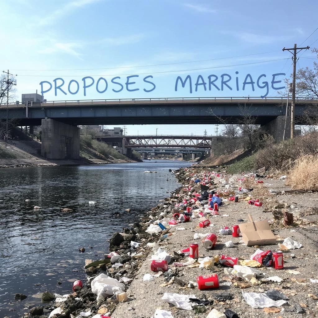 Red soda cans and other garbage sit strewn across the bank of an urban river only a few metres wide. Concrete overpasses criss cross overhead on a bright and sunny day. Fading skywriting proposes marriage