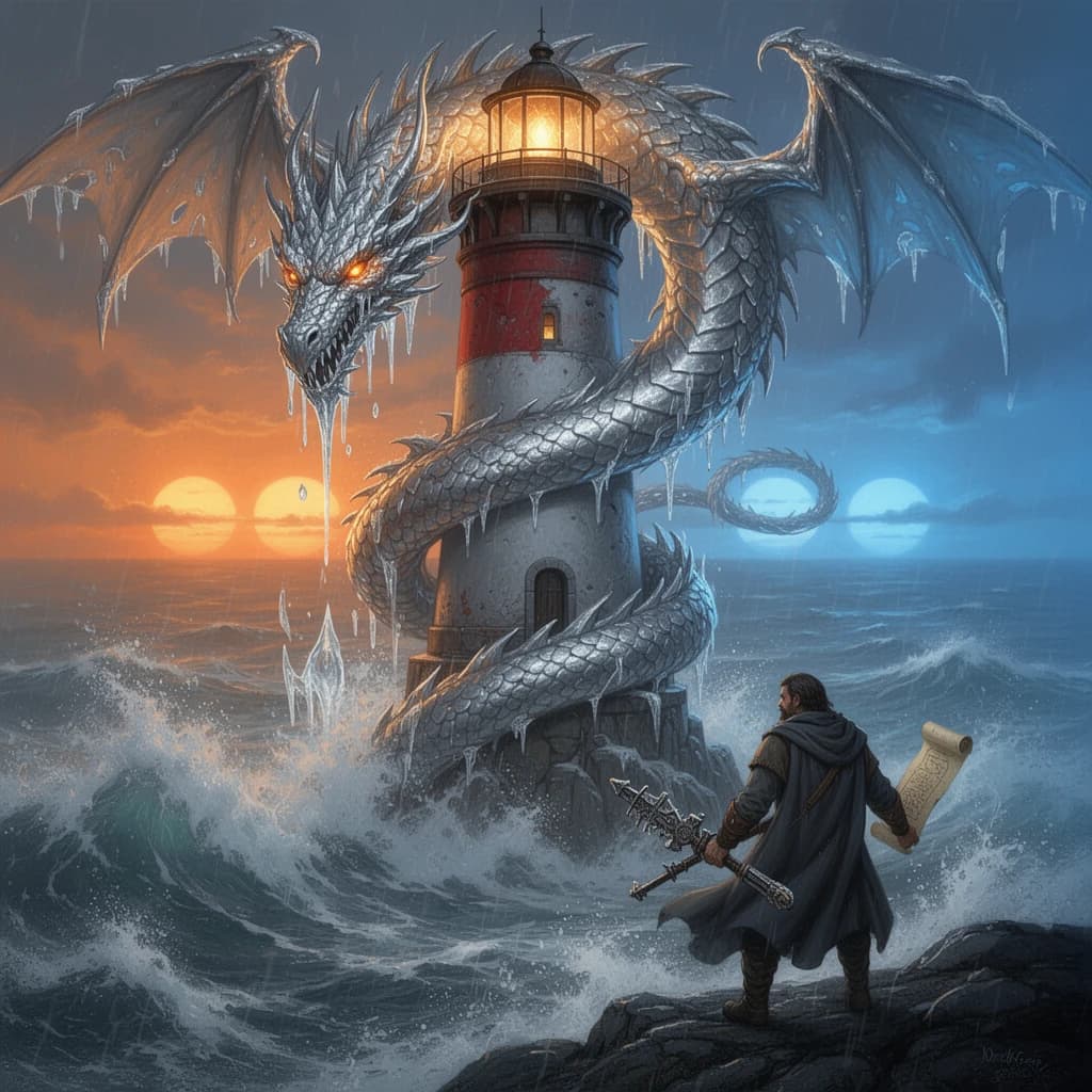 A dragon of molten silver coils around a lighthouse. The storming sea below crashes upward in frozen stillness, as though caught mid-motion. The dragon’s molten eyes drip tears of ice. On the horizon, two suns set next to each other, casting orange light on one side of the tower and blue on the other. A cloaked traveler carries an ancient weapon in his left hand and a scroll in his right.