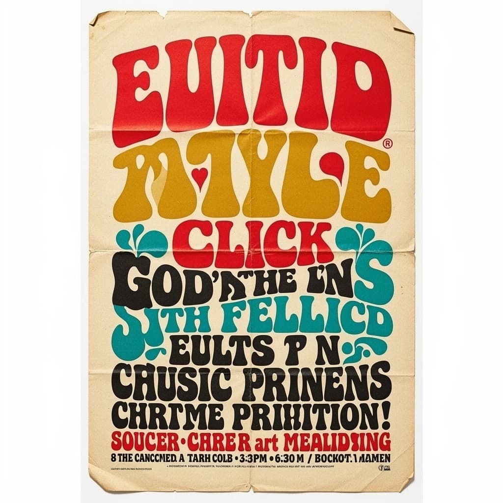 Make a 1960s concert poster featuring bold wood type, misaligned ink, creases.