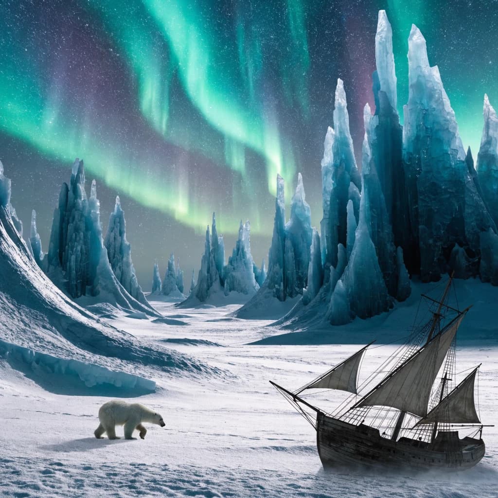 An endless tundra stretches outward, littered with jagged icebergs shaped like cathedral spires. A polar bear trudges across the foreground but leaves no tracks. Auroras ripple overhead. A half-buried shipwreck juts from the snow — sails billowing despite the still air.