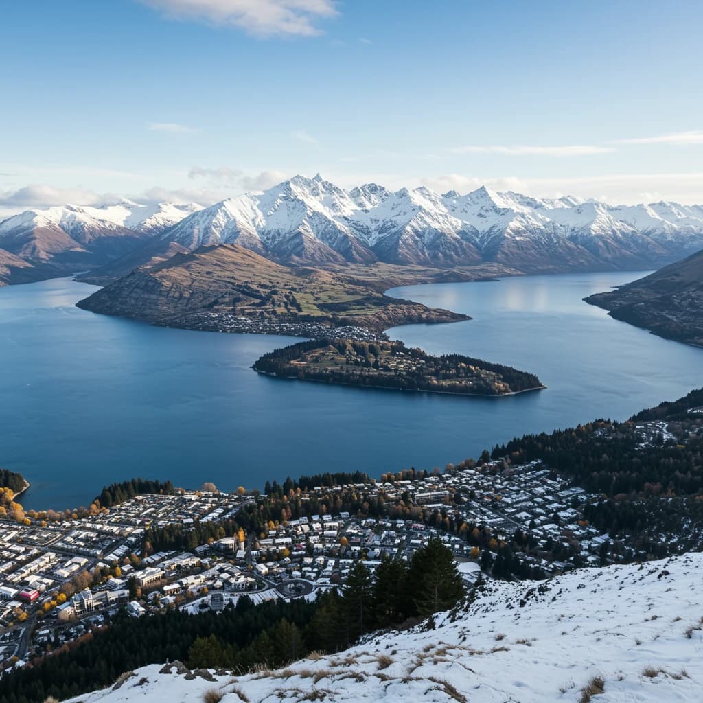 Queenstown's Lake Wakatipu, viewed from the top of Queenstown Hill after a snowstorm just dusted the top of Cecil's Peak