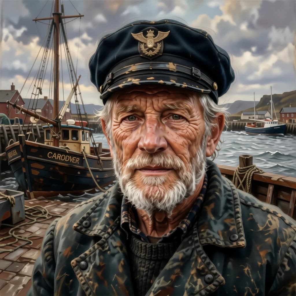 Oil on canvas portrait of an elderly sailor, weathered face, soft light.