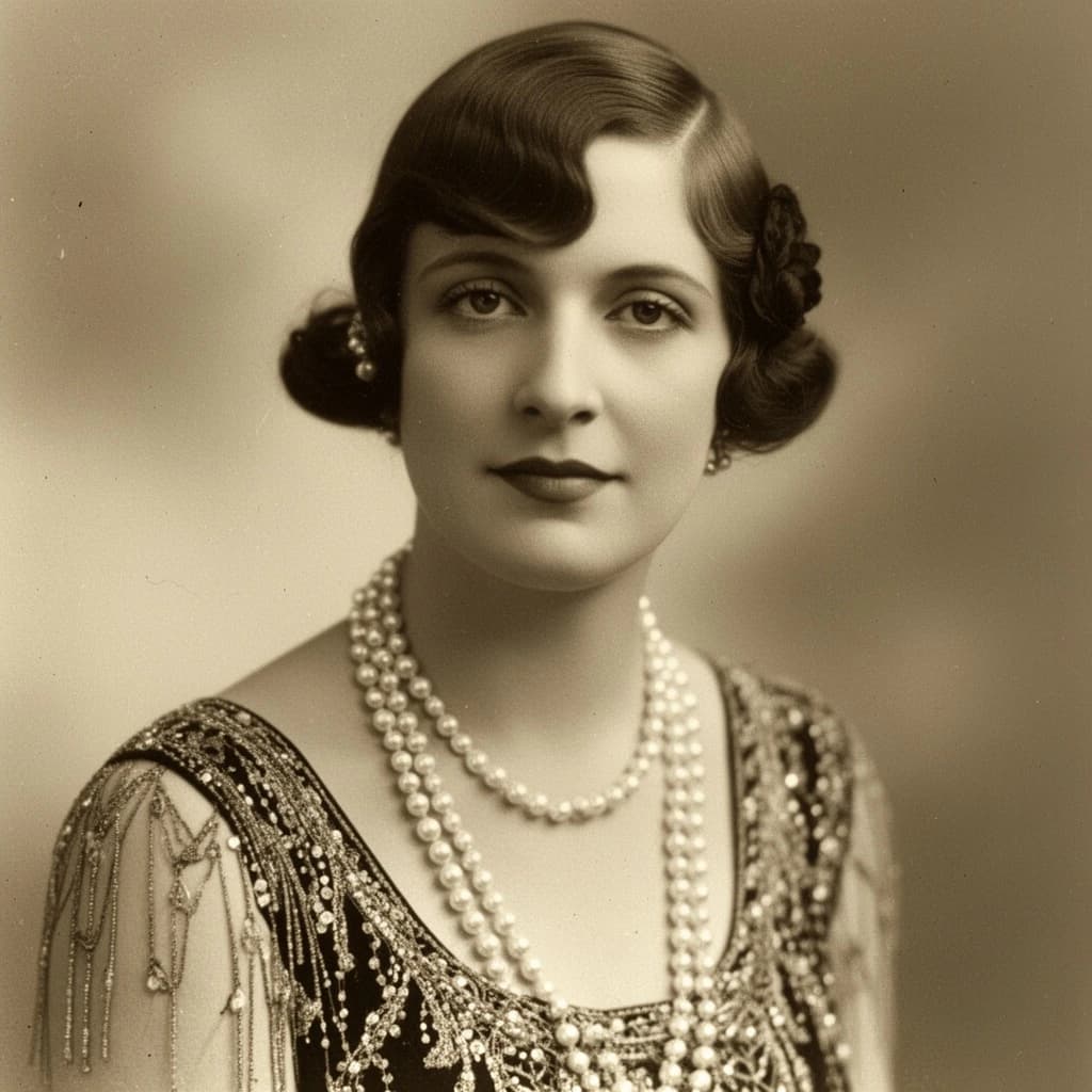 Sepia-toned studio portrait of a flapper with pearl necklace, soft grain.