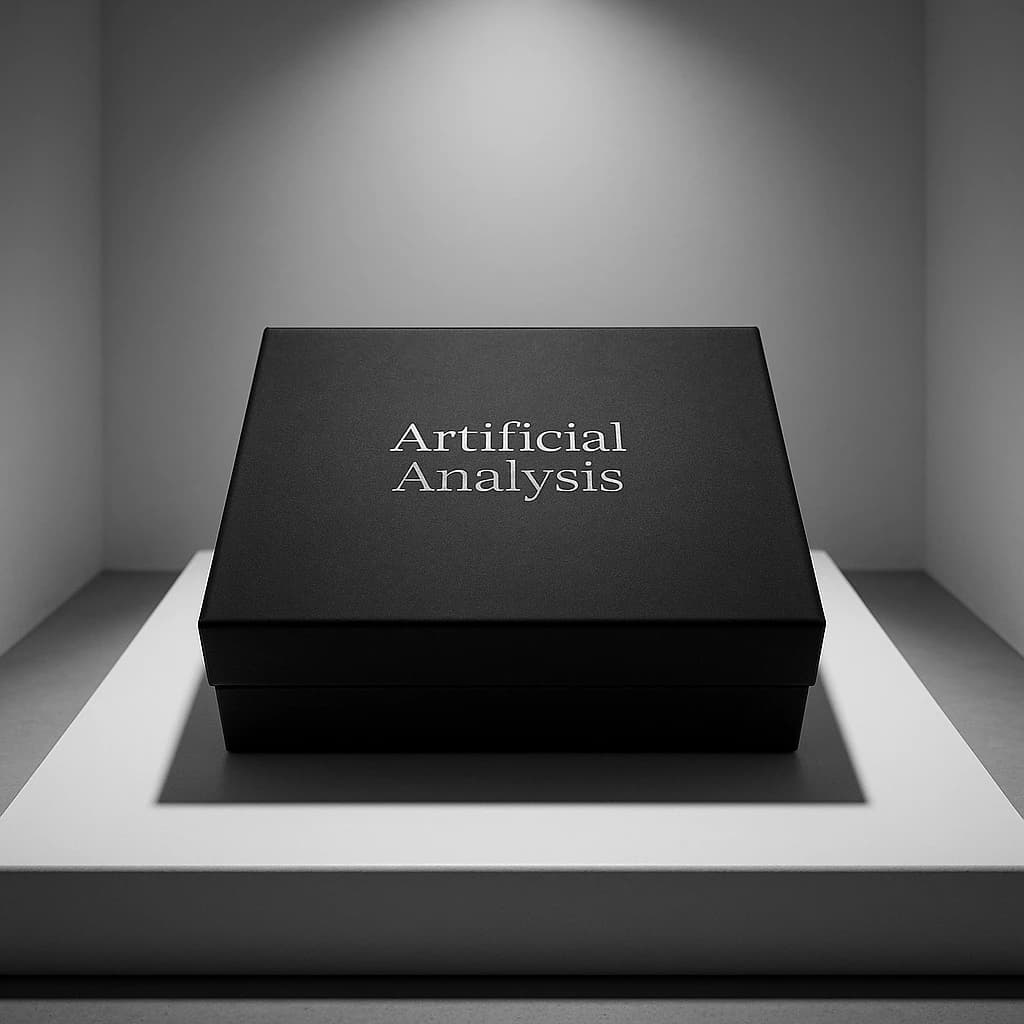 A premium matte black laptop-sized box rests on a pure white pedestal within a gallery space. Overhead, a single spotlight carves sharp contrast, leaving the edges in deep shadow. The brand name Artificial Analysis is embossed in silver foil, glinting faintly as though it were jewelry.