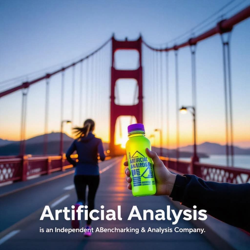 A runner dashes across the Golden Gate Bridge at dawn, sunlight streaming between cables. In their hand, they carry a neon-green sports drink with the brand name Artificial Analysis splashed boldly across the bottle. Motion blur emphasizes speed, while crisp purple sans serif typography overlays the bottom right of the scene with the tagline: Artificial Analysis is an independent AI benchmarking & analysis company