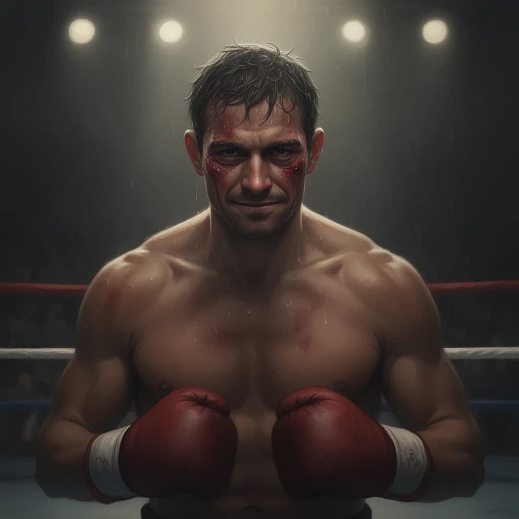 Paint a bruised boxer smiling, serious expression.