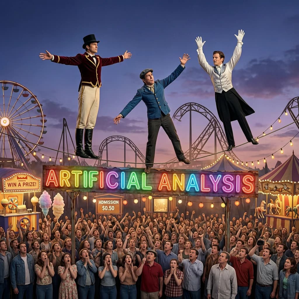 At dusk, high above a carnival crowd, three tightrope walkers balance on a single rope with no aids, one is off balance and grabbing at air. Below, the audience looks upward with baited anticipation. Artificial Analysis is spelled out in the background in carnival lights