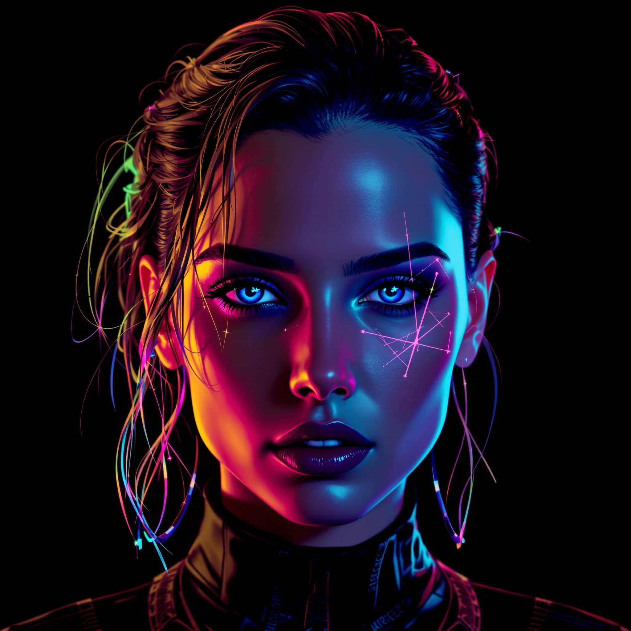 Render a stark 3D portrait of a stern woman, neon accents and vector overlays.