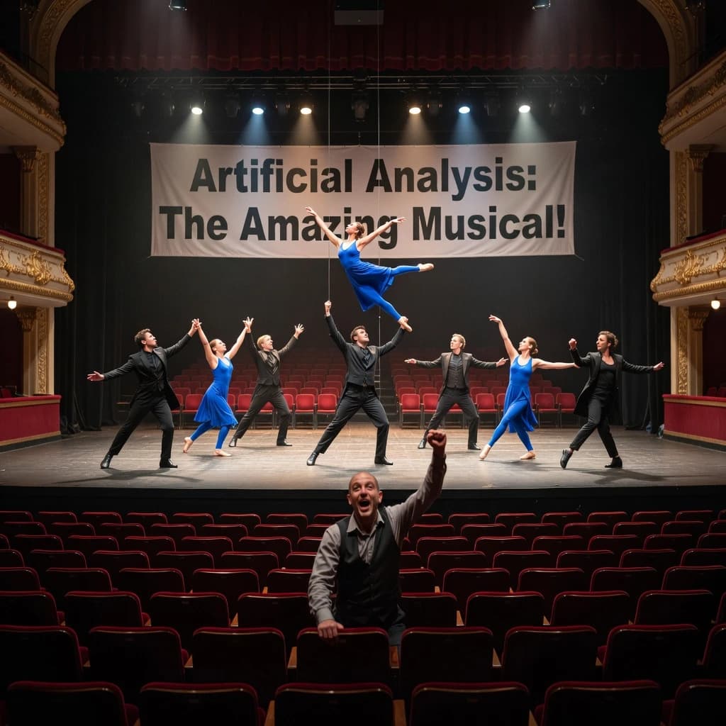 The musical troupe do a rehearsal in a large, empty theatre. 9 people are on the stage, half wear black and the others wear blue. The skinny bald director, seated in the second row, is practically leaping out of their seat with excitement as the leads nail their aerial. A giant banner reading "Artificial Analysis: The Amazing Musical!" is behind the actors.