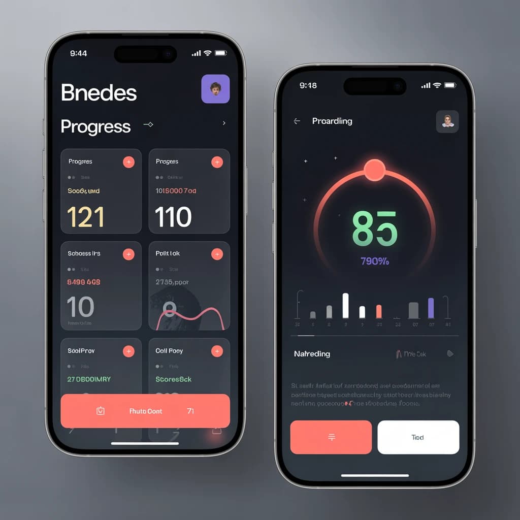 Sleek mobile fitness app screens on a desk: dark mode home, progress dashboard, simple onboarding, clear 8 pt grid, slightly oversized buttons for thumb reach, muted colors.