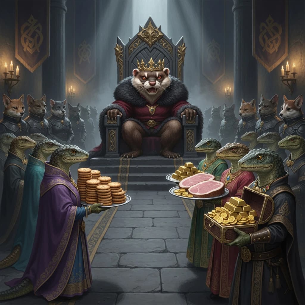 Big Weasel, the tyrannical ruler of the Levitus, slouches on his throne, his mood foul but somewhat brightened by the sight of gifts - a wearisome group of lizard traders adorned in fine silks proceed toward him through the hall with their annual tribute of biscuits, ham and gold - Big Weasel's favourites. Big Weasel's entourage looks on with stern approval.