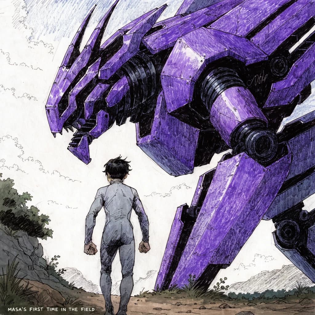 Clad in his body suit up to the neck, young Masa nervously approaches the towering mech with his back facing us. He is nervous for his first time in the field. The mech's bright purple colour scheme contrasts with the grey body suit. The scale of the mech dwarfs Masa. Hand drawn style