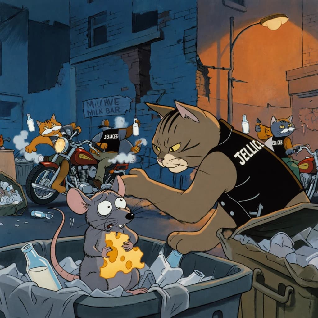 The cartoon rat clenches his thin wedge of cheese and trembles in fear as he hides from the menacing Jellicles, the roaming cat motorcycle gang, all wearing their colors with the name on the back. The cats have all drunk far too much milk and are causing a big ruckus! One cat is close to finding the rat
