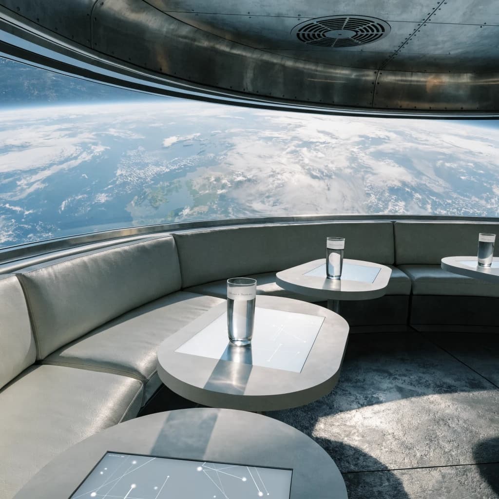 The orbital lounge has brushed aluminum walls and pale leather banquettes. Low white tables are inset with glowing touchscreens. Drinks are clear, flavorless, in tall unmarked glasses. The viewport is floor-to-ceiling, showing Earth moving slowly beneath. The word Artificial Analysis is etched discreetly on the glass in a frosted band.