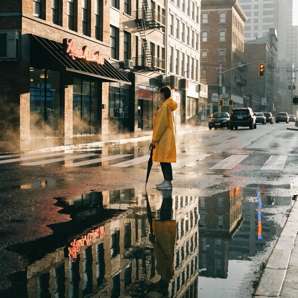 A sunlit city street after rain; puddles mirror neon signs as a woman in a yellow raincoat waits at a crosswalk, soft mist, 50mm look, natural tones, a bit of film grain.