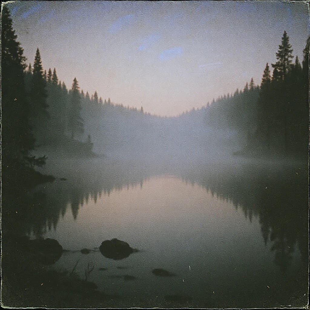 Give me a faded postcard of a misty pine lake at dawn, light leaks, film grain.