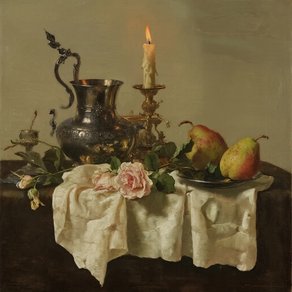 Create an oil on canvas still life with a tarnished goblet, bruised pears, and wilted roses, lit by a single candle; a bit muted palette, soft brushwork, subtle craquelure.