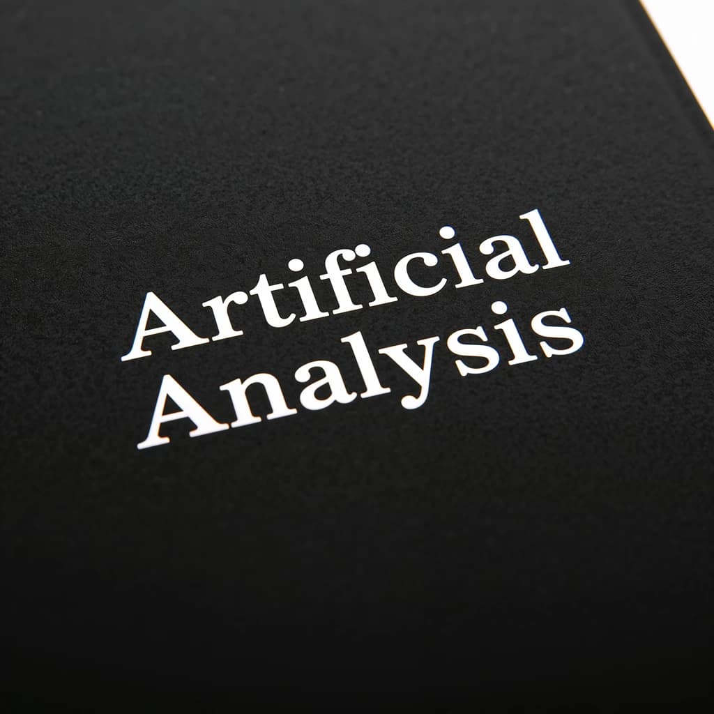 On the black box, silver foil embossing, centered: "Artificial Analysis" in Comic Sans Small Caps, perfectly justified. The letters are crisp, but the “Y” is duplicated faintly, ghosting right. On the box’s reflection, the word order is inverted: ARTIFICIAL ANALYSIS.