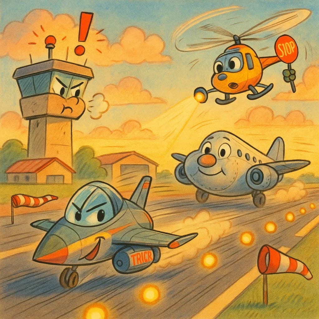 Almost at the runway, Fred the Fighter Jet is racing with Barry the Bomber to see who lands first. Fred has a mischievous trick up his sleeve but Hermione the Helicopter is going to stop him before he gets the chance. The control tower is very angry and has a big exclamation mark. Hand drawn cel look