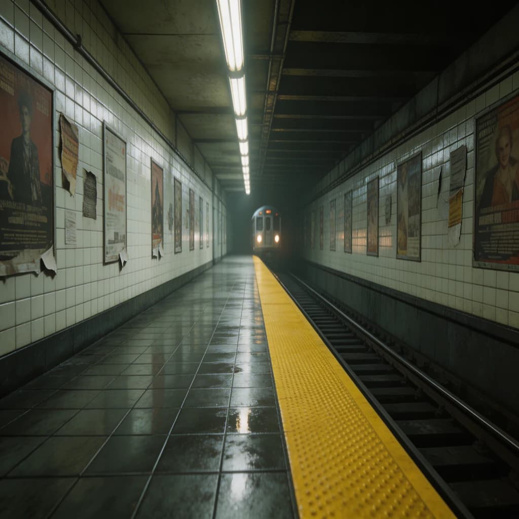 A subterranean subway platform with glossy tiles, peeling posters, flickering fluorescent lights, yellow safety line, and a distant train coming; slightly damp, echoes carry.
