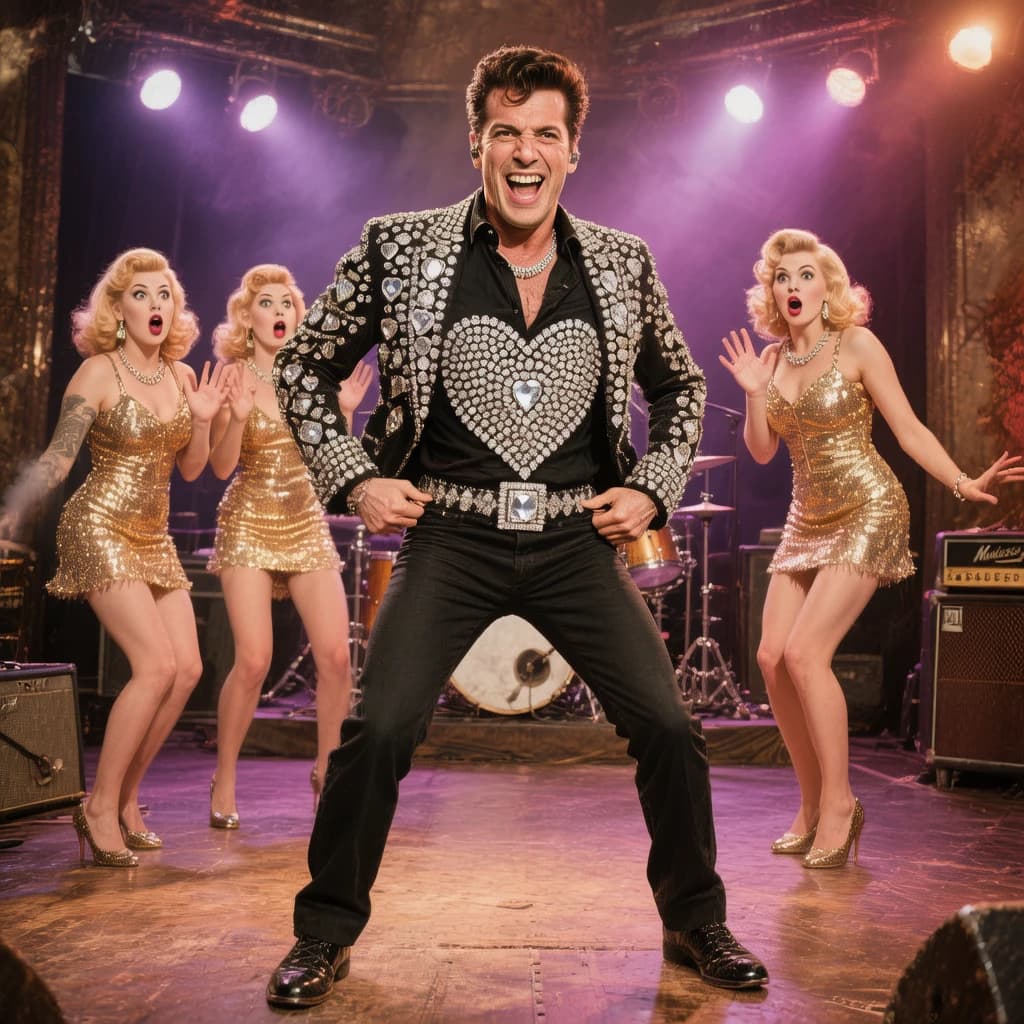 An archival image from 1953 of the rock singer swinging his hips on the stage while glamorous back up singers feign shock at his gyrations! He wears a diamond encrusted jacket with the stones arranged in the shape of a heart