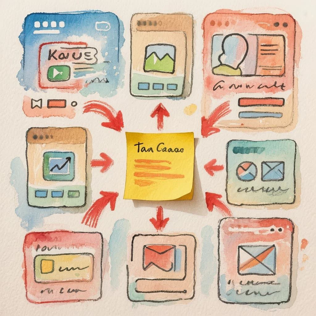 A rough watercolor of hand-drawn app wireframes, sticky notes, and red arrows.