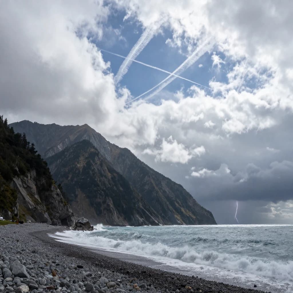 A stunning mountain vista pokes through the cloud top. Contrails from a distant airplane linger in the air. In the foreground there is a stony beach with foamy seas. A thunder storm is visibile in the distant right.