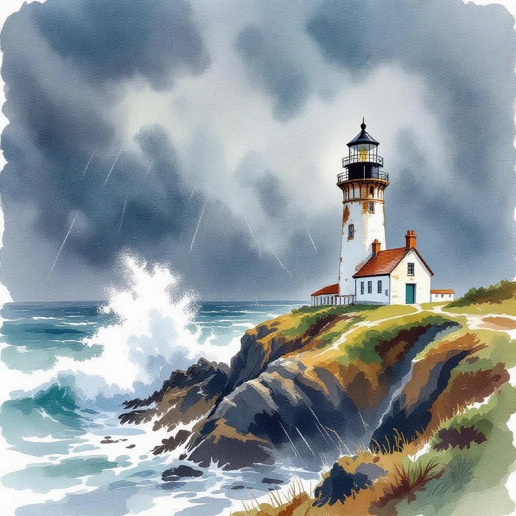 Please paint a watercolor of stormy cliffs and a lighthouse, moody sky.