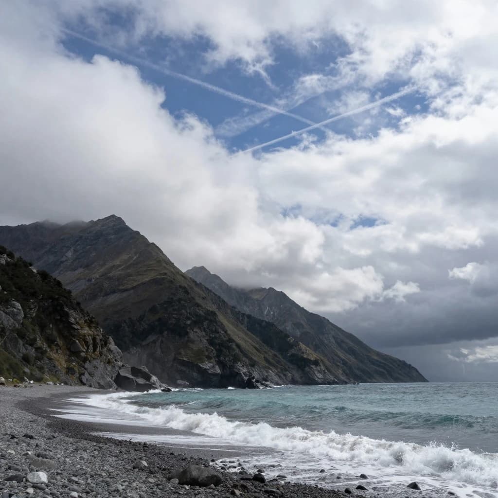 A stunning mountain vista pokes through the cloud top. Contrails from a distant airplane linger in the air. In the foreground there is a stony beach with foamy seas. A thunder storm is visibile in the distant right.