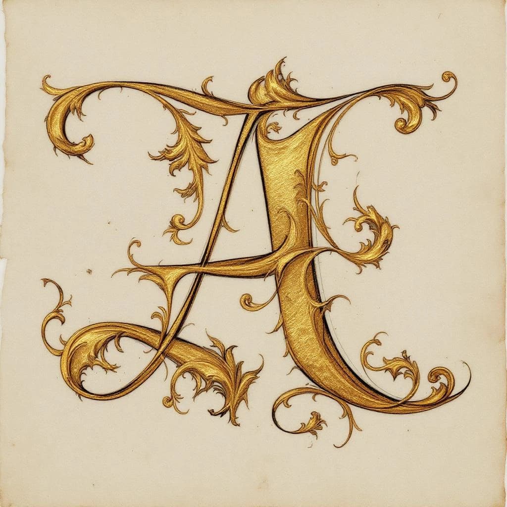 Illuminated letter A on vellum, gold leaf, a bit uneven flourishes.