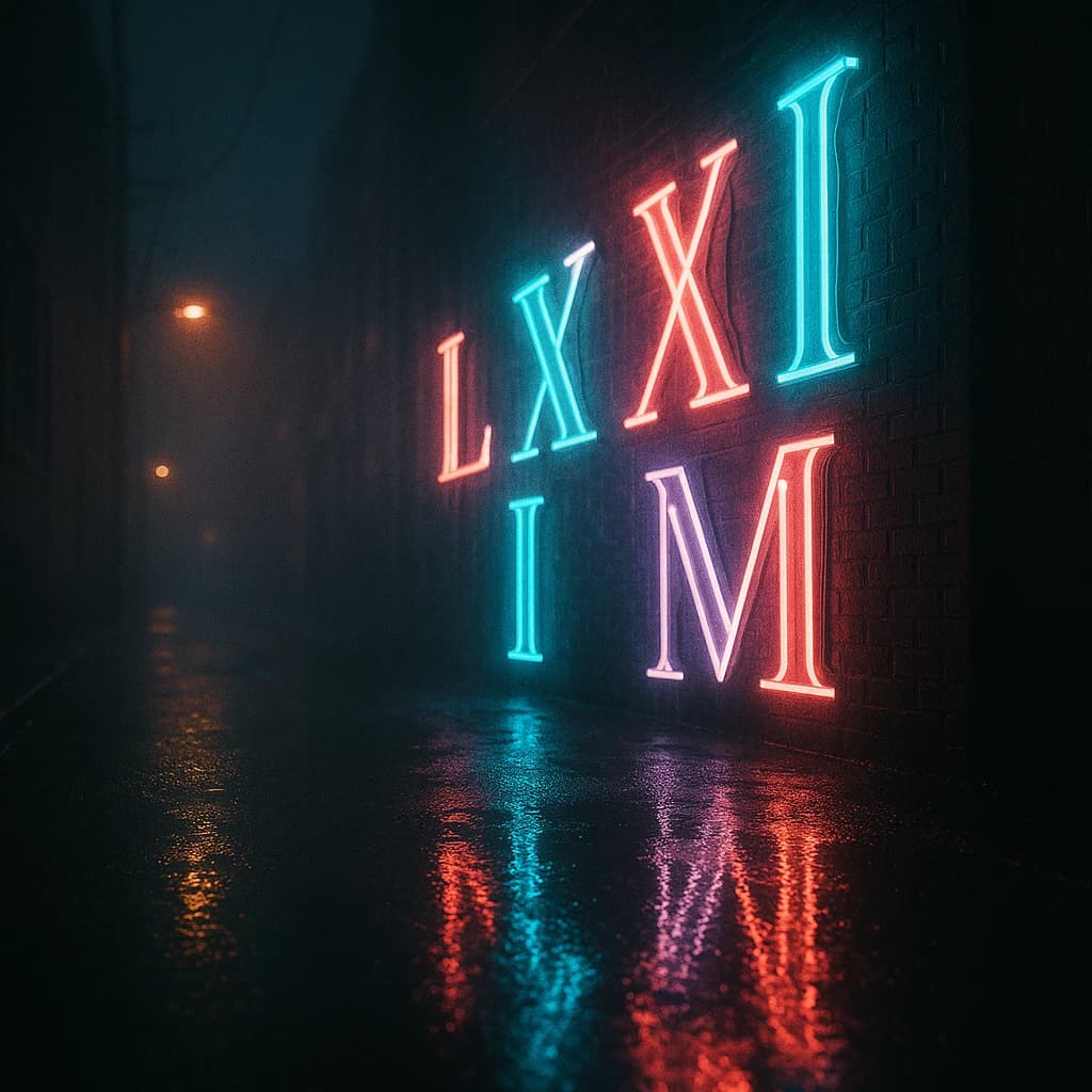 Neon serif letters flicker in a foggy alley, wet asphalt glowing a bit.
